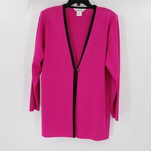 misook Cardigan Women's Large pink One Button jewel Jacket black trim acrylic